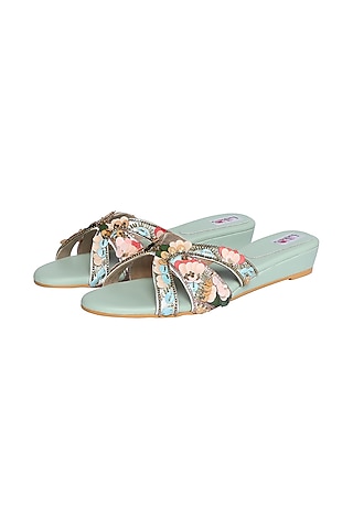 Blue Handcrafted Embellished Wedges by Fuchsia by Aashka Mehta