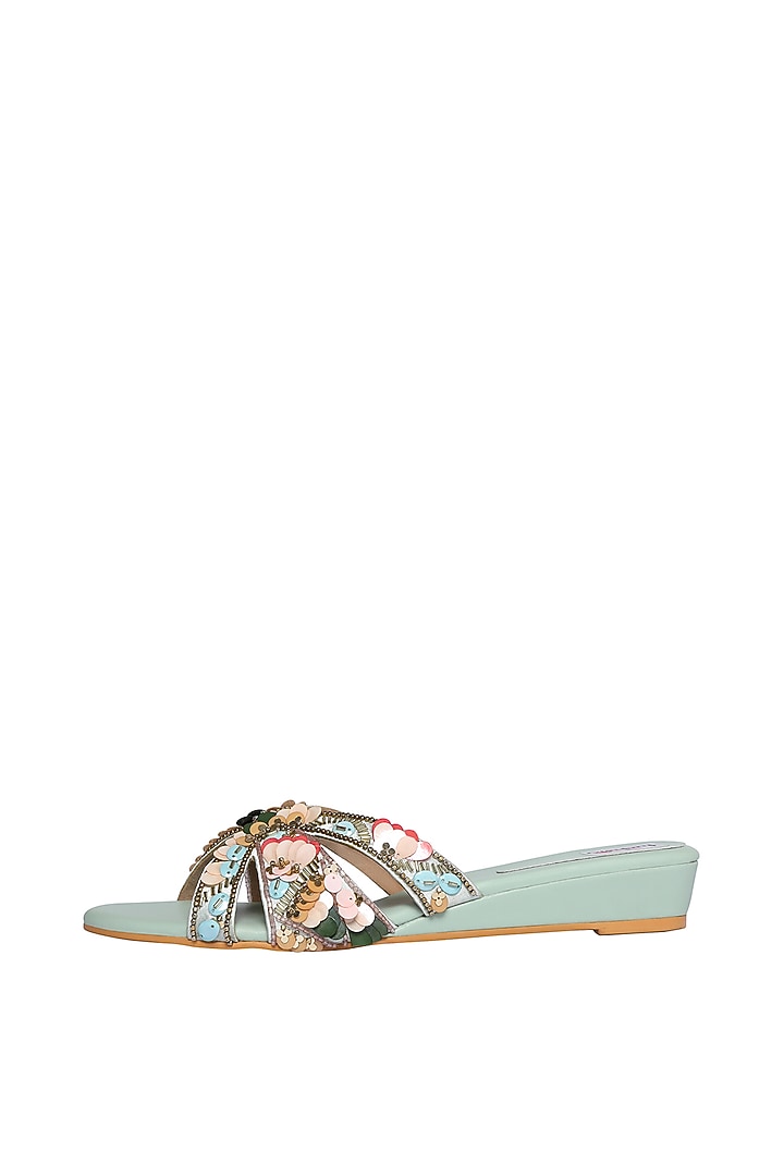 Blue Handcrafted Embellished Wedges by Fuchsia by Aashka Mehta at Pernia's Pop Up Shop