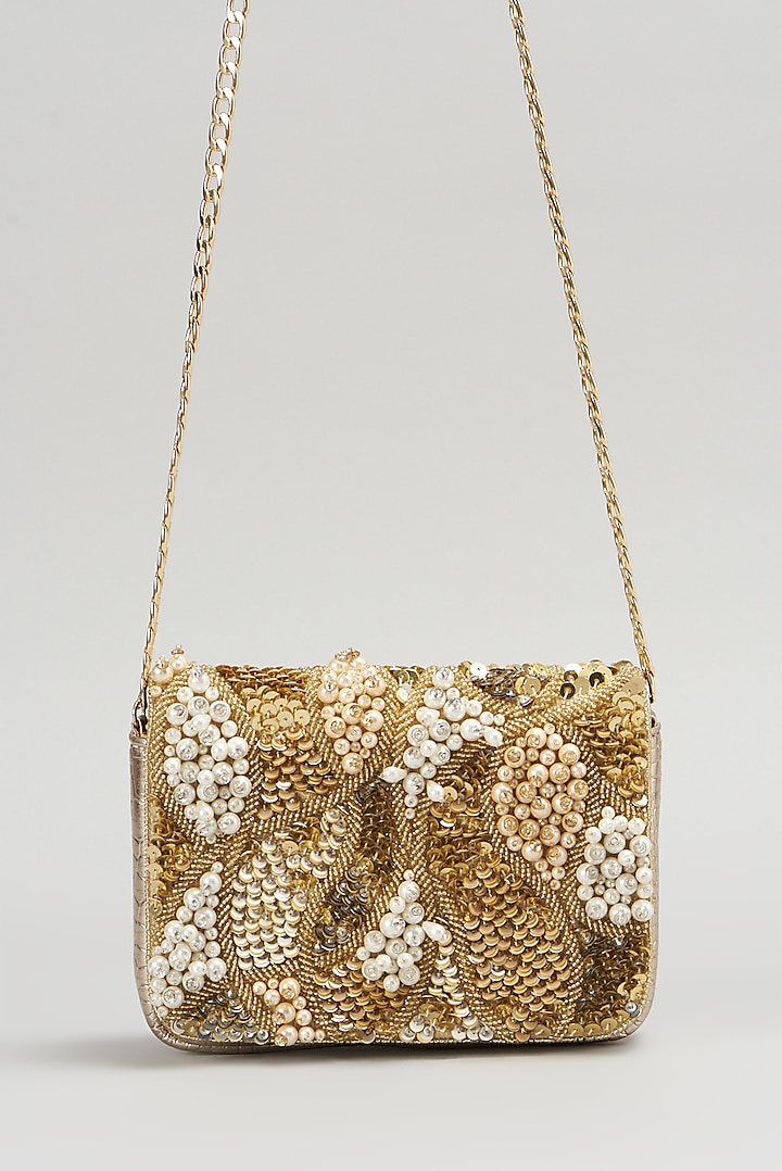 Gold Silk Embroidered Clutch by Fuchsia by Aashka Mehta at Pernia's Pop Up Shop