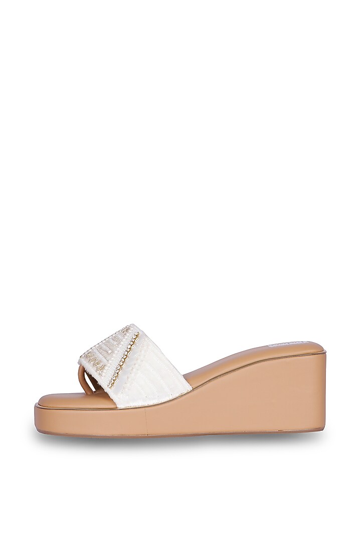 White PU Leather Sequins & Crystal Hand Embroidered Wedges by Fuchsia by Aashka Mehta at Pernia's Pop Up Shop