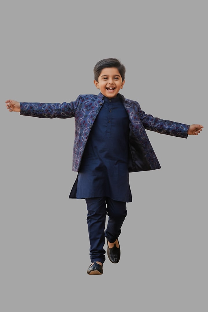 Blue Silk Thread Embroidered Open Jodhpuri Set For Boys by FUNNY BONES CLOTHINGS at Pernia's Pop Up Shop