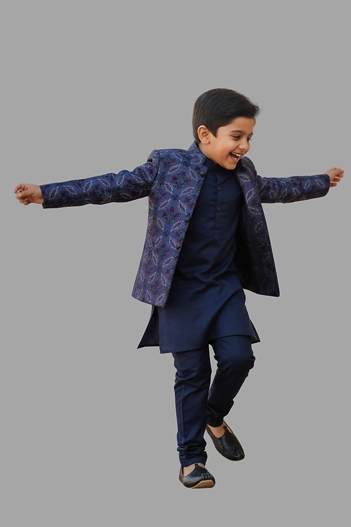 Blue Silk Thread Embroidered Open Jodhpuri Set For Boys by FUNNY BONES CLOTHINGS at Pernia's Pop Up Shop