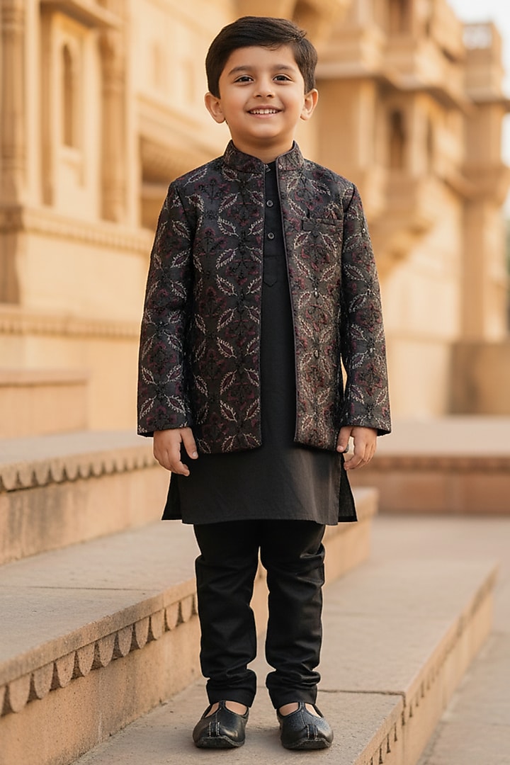 Black Silk Thread Embroidered Open Jodhpuri Set For Boys by FUNNY BONES CLOTHINGS at Pernia's Pop Up Shop