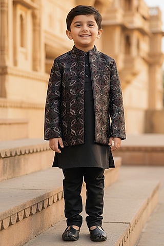 Black Silk Thread Embroidered Open Jodhpuri Set For Boys by FUNNY BONES CLOTHINGS