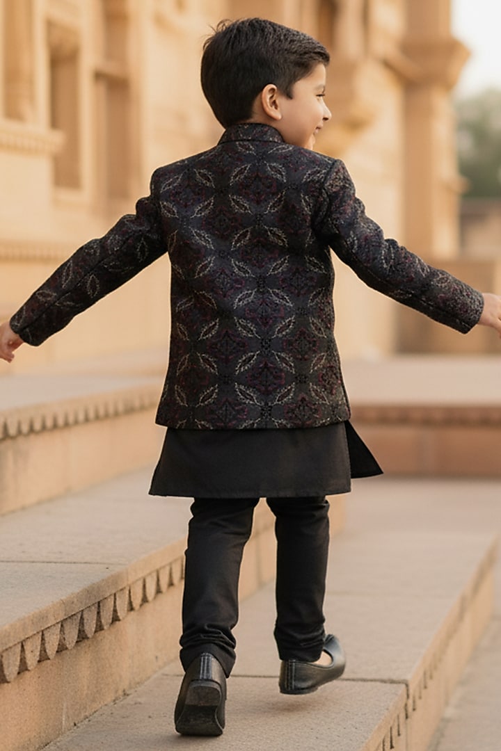 Black Silk Thread Embroidered Open Jodhpuri Set For Boys by FUNNY BONES CLOTHINGS at Pernia's Pop Up Shop