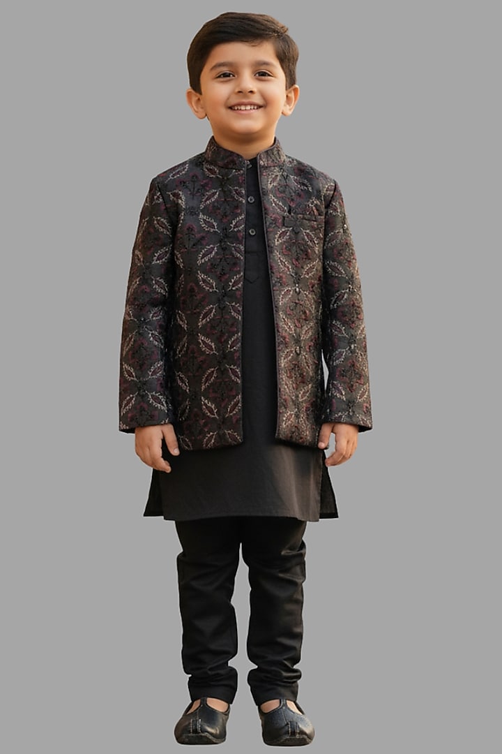 Black Silk Thread Embroidered Open Jodhpuri Set For Boys by FUNNY BONES CLOTHINGS at Pernia's Pop Up Shop