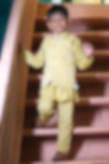 Yellow Cotton Hand Embroidered Bundi Set For Boys by FUNNY BONES CLOTHINGS at Pernia's Pop Up Shop