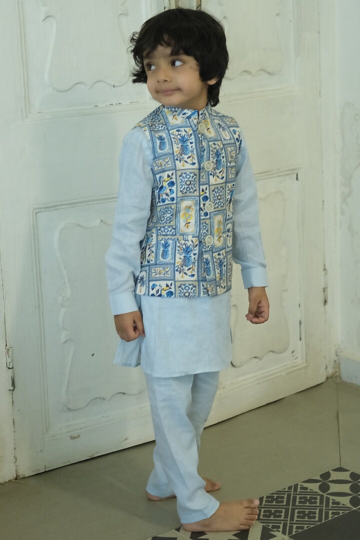 Multi-Colored Linen Tropical Printed Bundi Set For Boys by FUNNY BONES CLOTHINGS at Pernia's Pop Up Shop