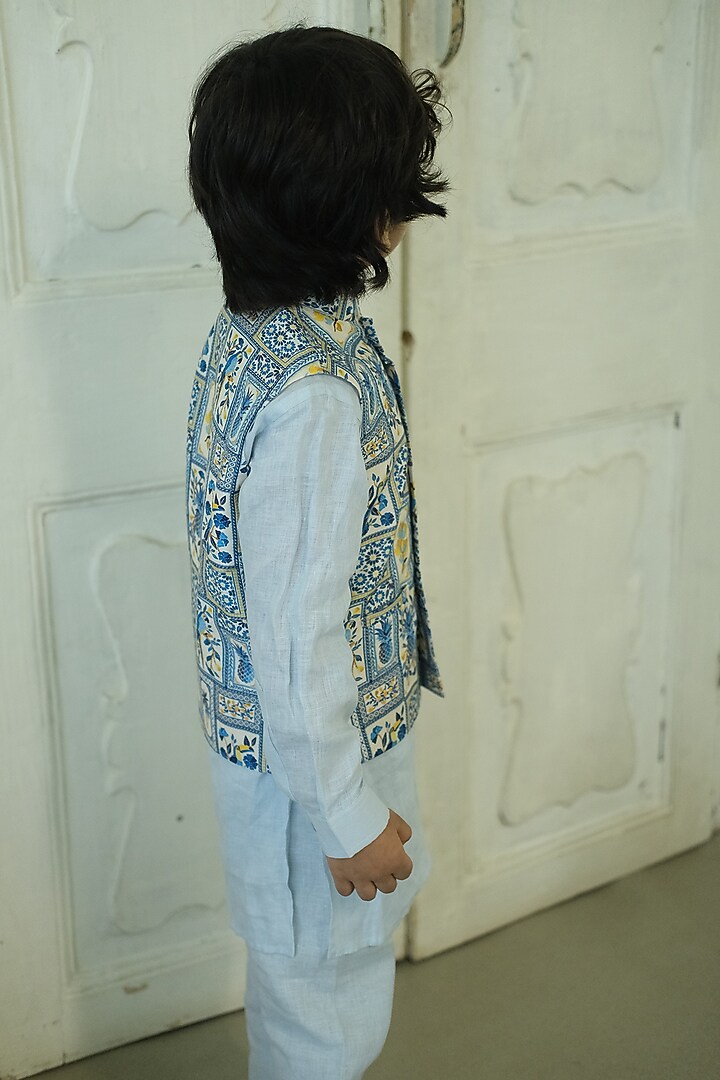 Multi-Colored Linen Tropical Printed Bundi Set For Boys by FUNNY BONES CLOTHINGS at Pernia's Pop Up Shop