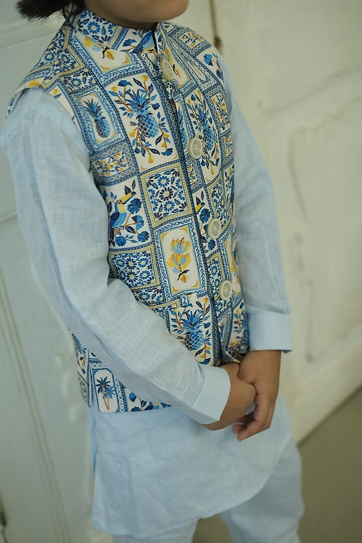 Multi-Colored Linen Tropical Printed Bundi Set For Boys by FUNNY BONES CLOTHINGS at Pernia's Pop Up Shop