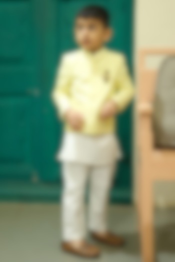 Yellow Linen Hand Embroidered Bandhgala Set For Boys by FUNNY BONES CLOTHINGS at Pernia's Pop Up Shop