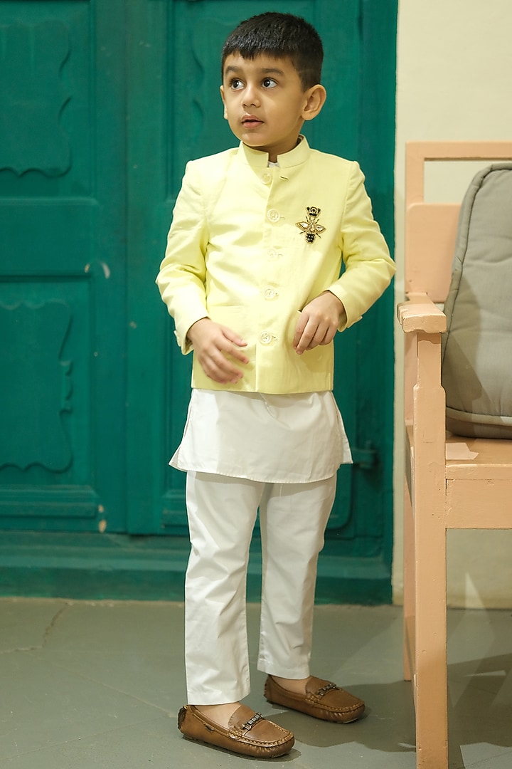 Yellow Linen Hand Embroidered Bandhgala Set For Boys by FUNNY BONES CLOTHINGS at Pernia's Pop Up Shop