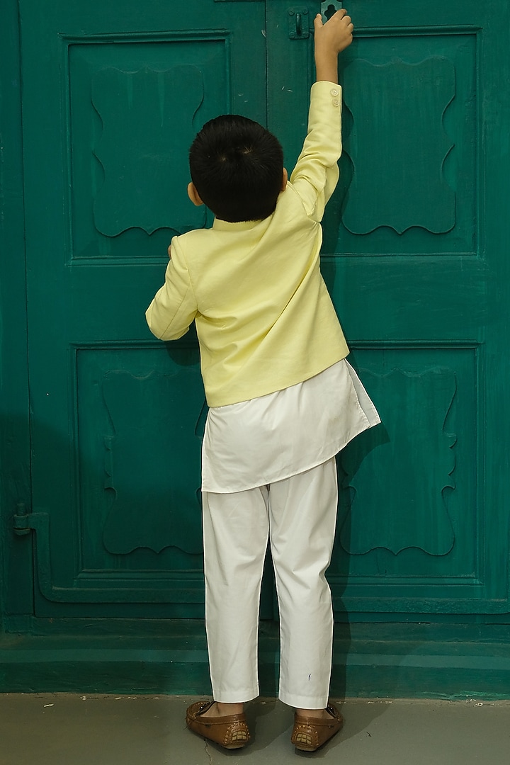 Yellow Linen Hand Embroidered Bandhgala Set For Boys by FUNNY BONES CLOTHINGS at Pernia's Pop Up Shop