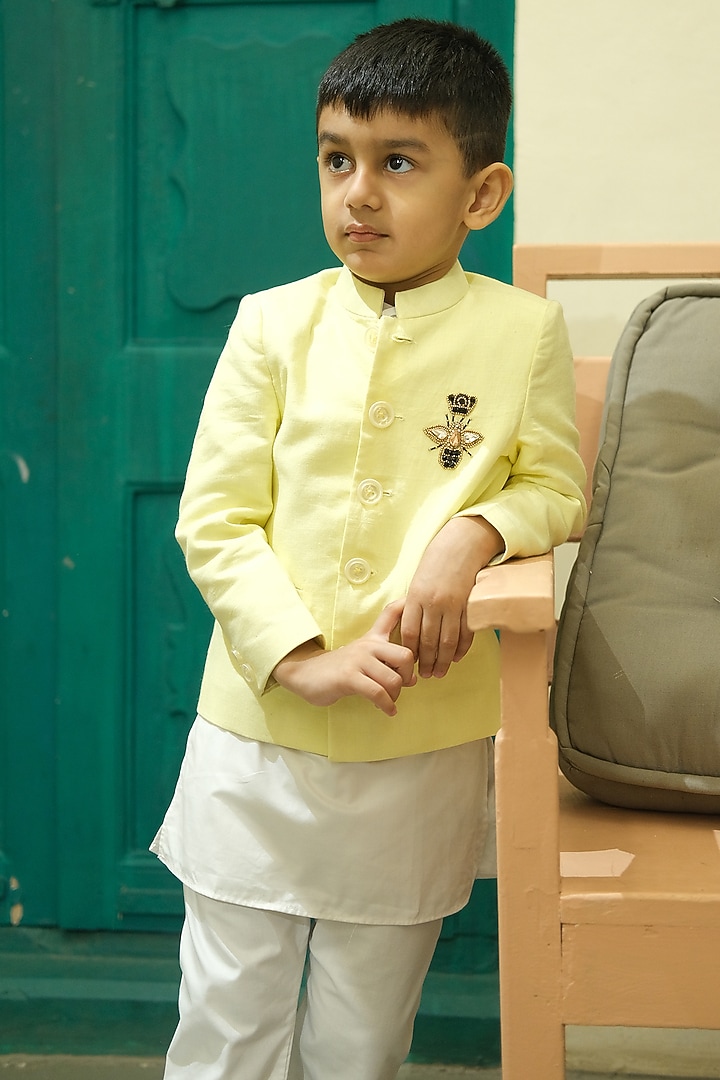 Yellow Linen Hand Embroidered Bandhgala Set For Boys by FUNNY BONES CLOTHINGS at Pernia's Pop Up Shop