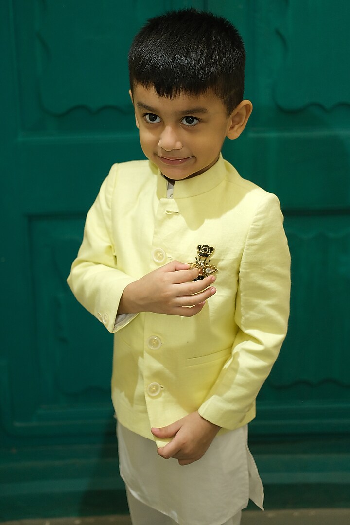 Yellow Linen Hand Embroidered Bandhgala Set For Boys by FUNNY BONES CLOTHINGS at Pernia's Pop Up Shop