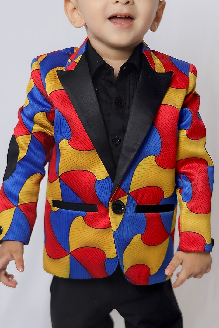 Multi-Colored Satin Abstract Printed Blazer Set For Boys by FUNNY BONES CLOTHINGS at Pernia's Pop Up Shop