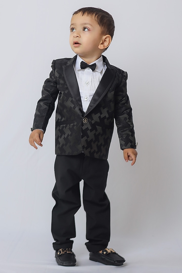 Black Cotton Blend Printed & Embroidered Blazer Set For Boys by FUNNY BONES CLOTHINGS at Pernia's Pop Up Shop