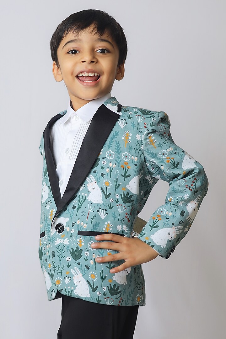 Teal Linen Rabbit Printed Blazer Set For Boys by FUNNY BONES CLOTHINGS at Pernia's Pop Up Shop