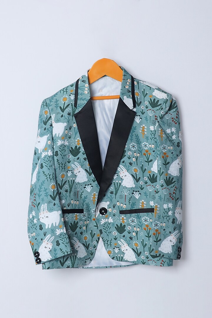 Teal Linen Rabbit Printed Blazer Set For Boys by FUNNY BONES CLOTHINGS at Pernia's Pop Up Shop