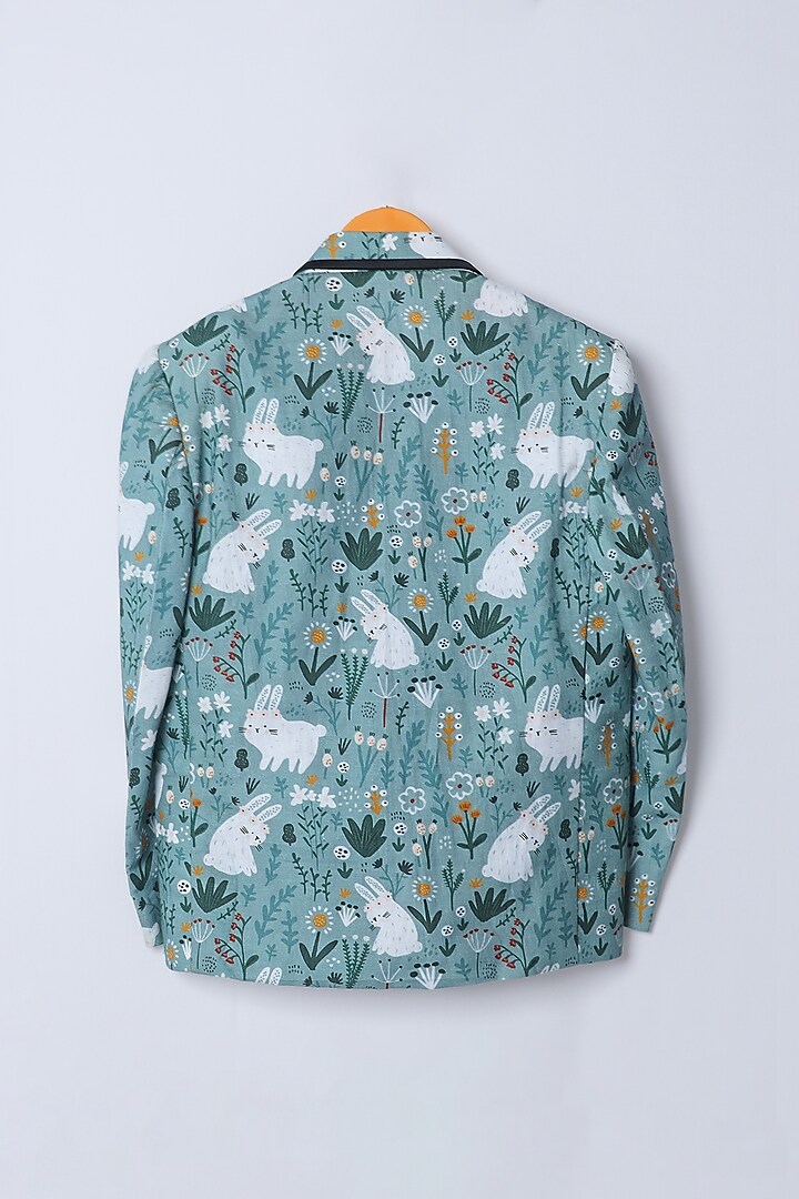 Teal Linen Rabbit Printed Blazer Set For Boys by FUNNY BONES CLOTHINGS at Pernia's Pop Up Shop
