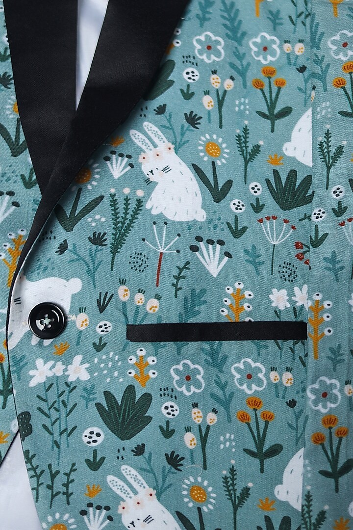 Teal Linen Rabbit Printed Blazer Set For Boys by FUNNY BONES CLOTHINGS at Pernia's Pop Up Shop
