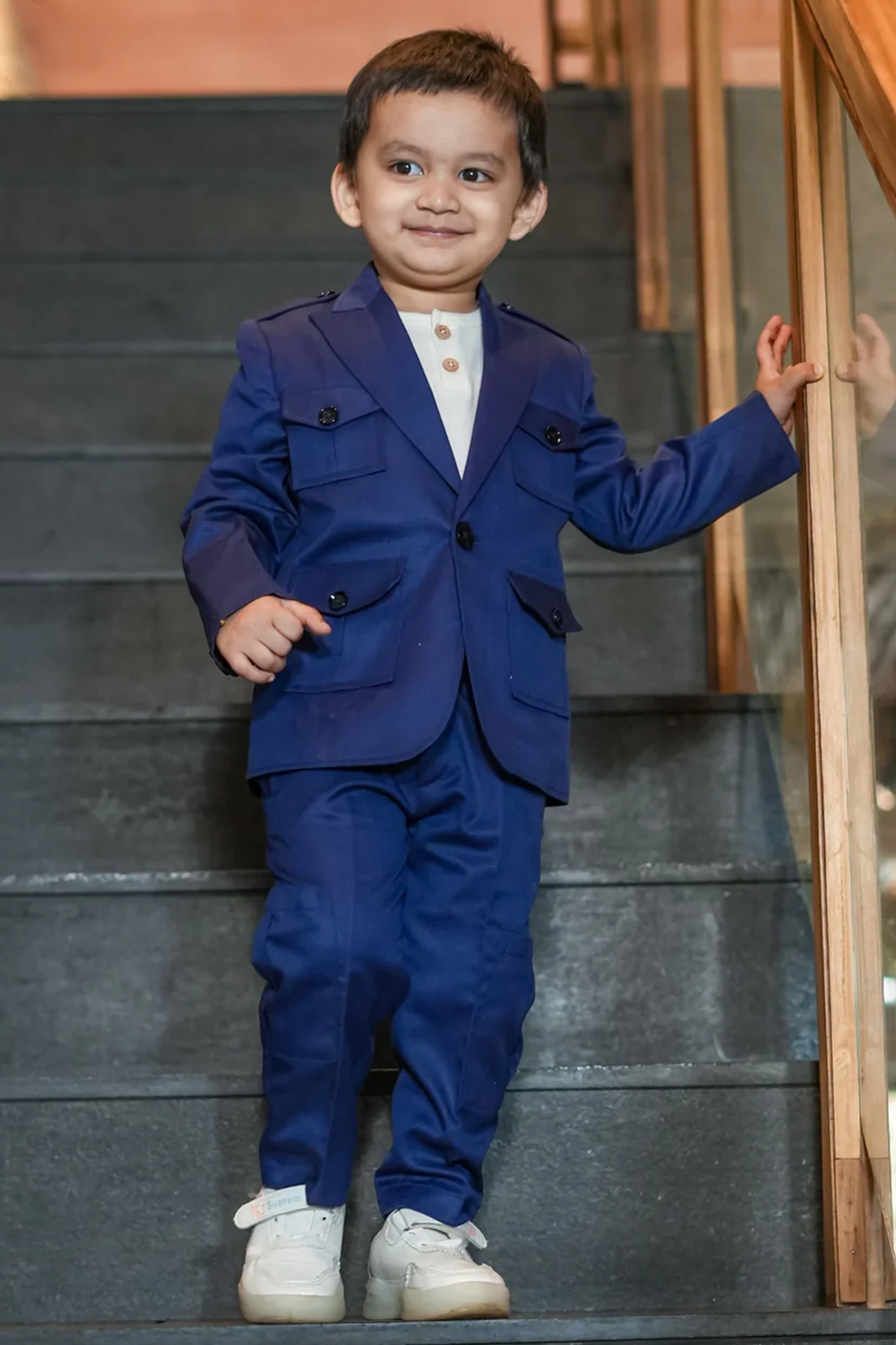 Royal Blue Poly Cotton Blazer Set For Boys by FUNNY BONES CLOTHINGS