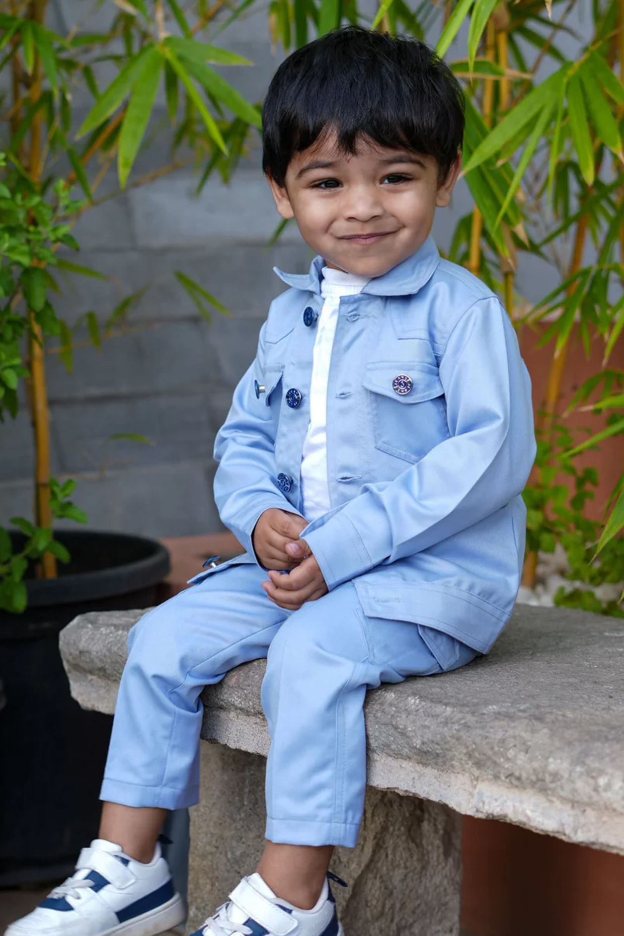 Sky Blue Poly Cotton Blazer Set For Boys by FUNNY BONES CLOTHINGS