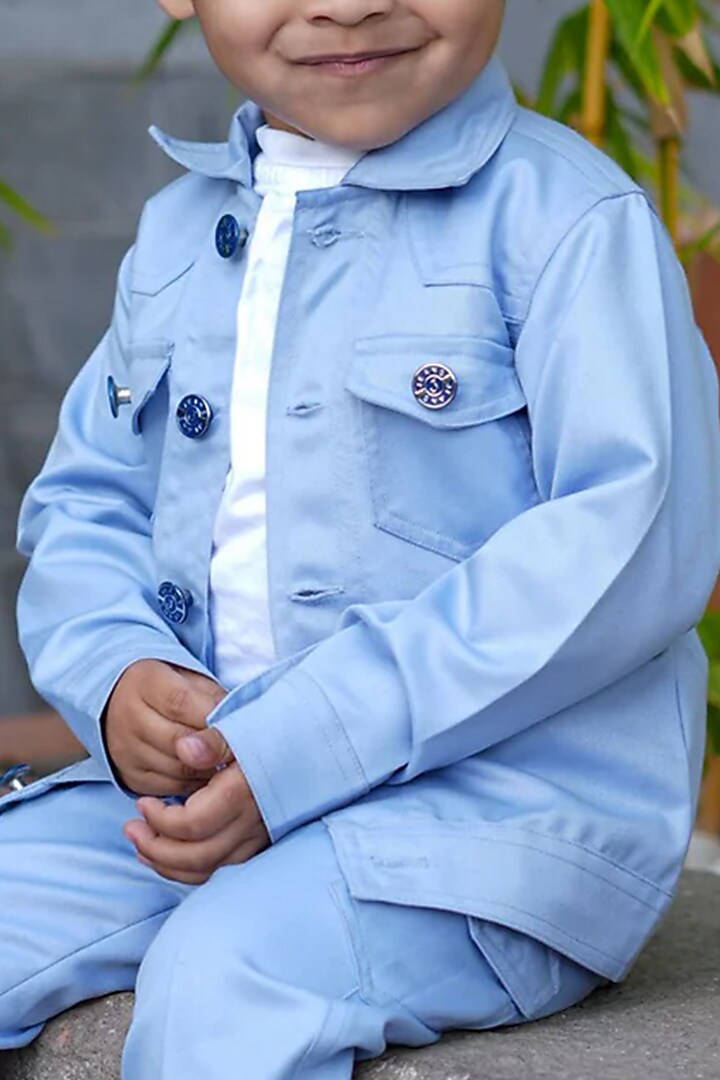Sky Blue Poly Cotton Blazer Set For Boys by FUNNY BONES CLOTHINGS at Pernia's Pop Up Shop