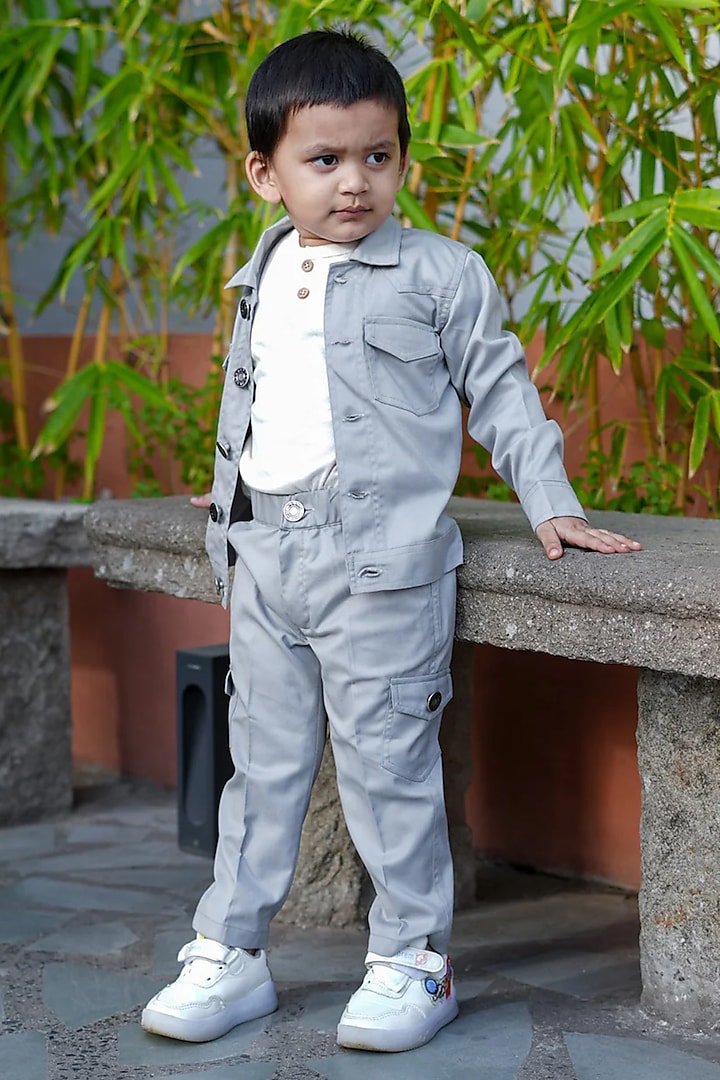 Grey Poly Cotton Blazer Set For Boys by FUNNY BONES CLOTHINGS