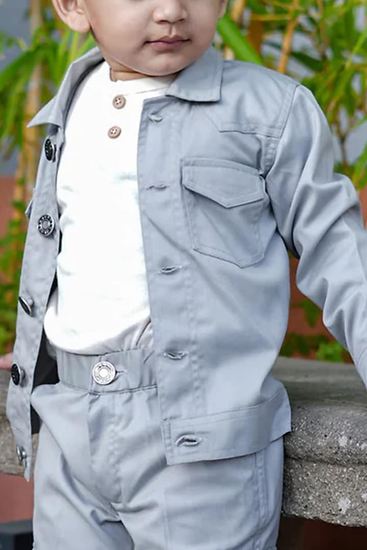 Grey Poly Cotton Blazer Set For Boys by FUNNY BONES CLOTHINGS at Pernia's Pop Up Shop