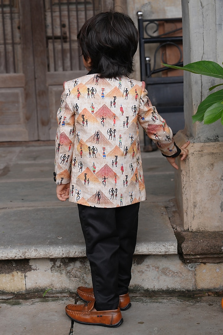 Orange Linen Printed Blazer Set For Boys by FUNNY BONES CLOTHINGS at Pernia's Pop Up Shop