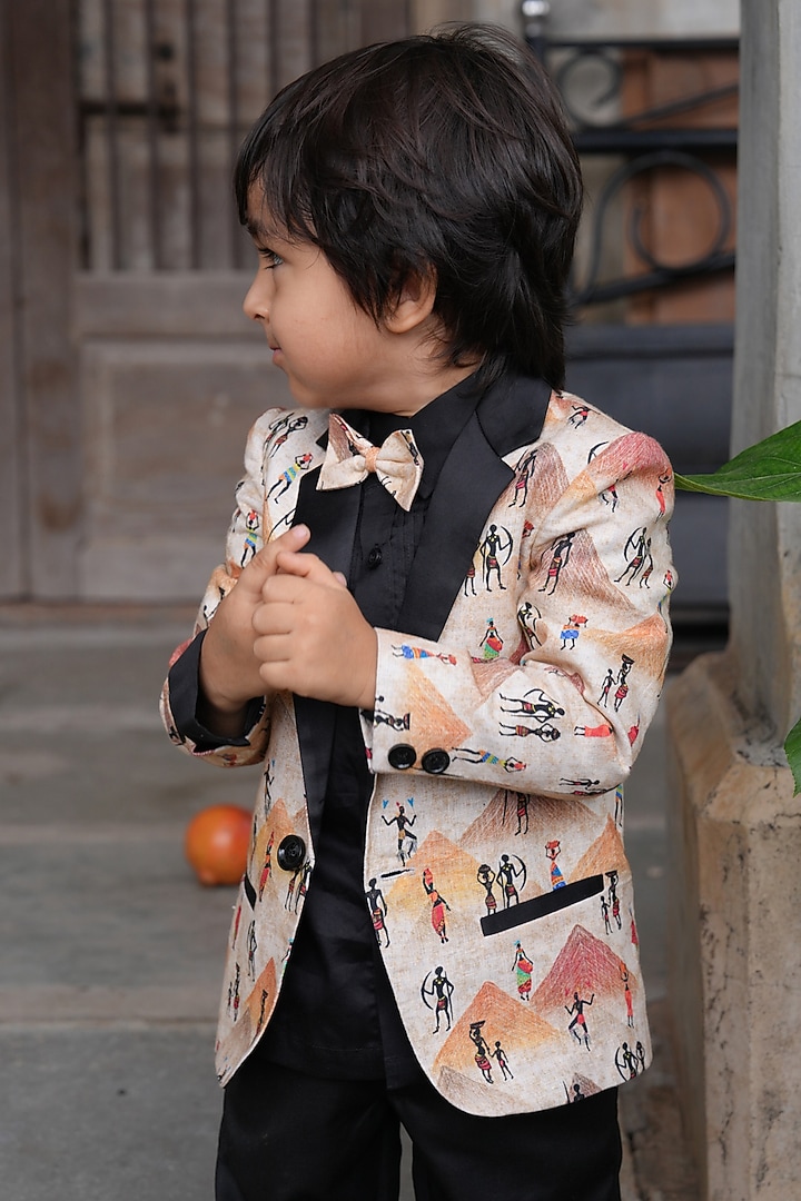 Orange Linen Printed Blazer Set For Boys by FUNNY BONES CLOTHINGS at Pernia's Pop Up Shop