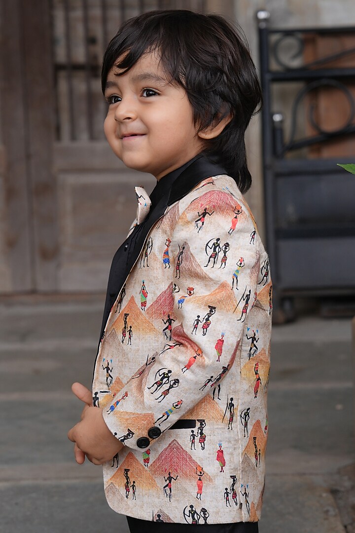 Orange Linen Printed Blazer Set For Boys by FUNNY BONES CLOTHINGS at Pernia's Pop Up Shop