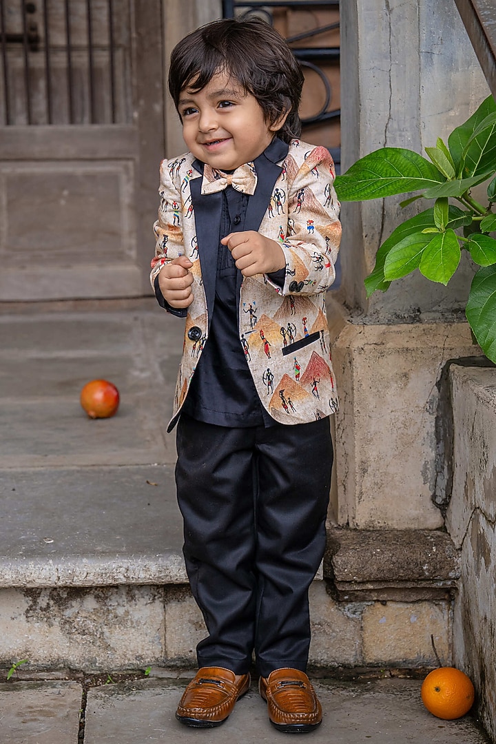 Orange Linen Printed Blazer Set For Boys by FUNNY BONES CLOTHINGS at Pernia's Pop Up Shop