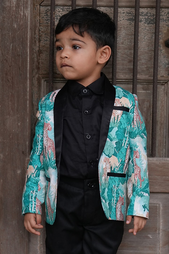 Multi-Colored Linen Printed Blazer Set For Boys by FUNNY BONES CLOTHINGS at Pernia's Pop Up Shop