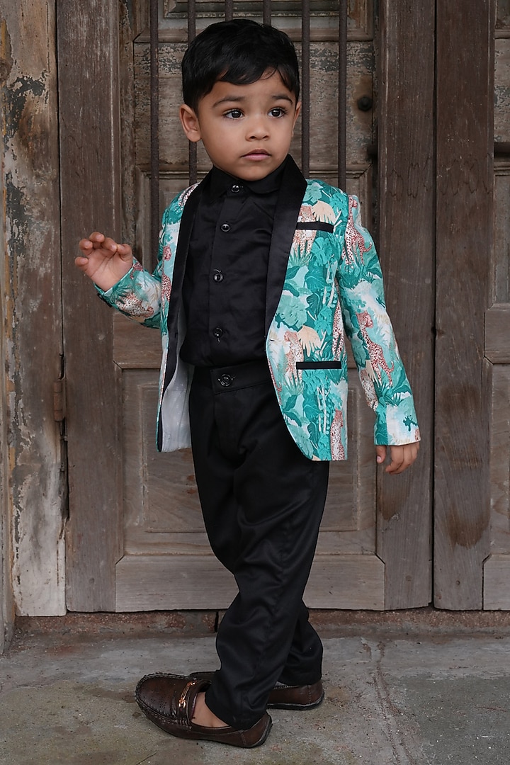 Multi-Colored Linen Printed Blazer Set For Boys by FUNNY BONES CLOTHINGS at Pernia's Pop Up Shop