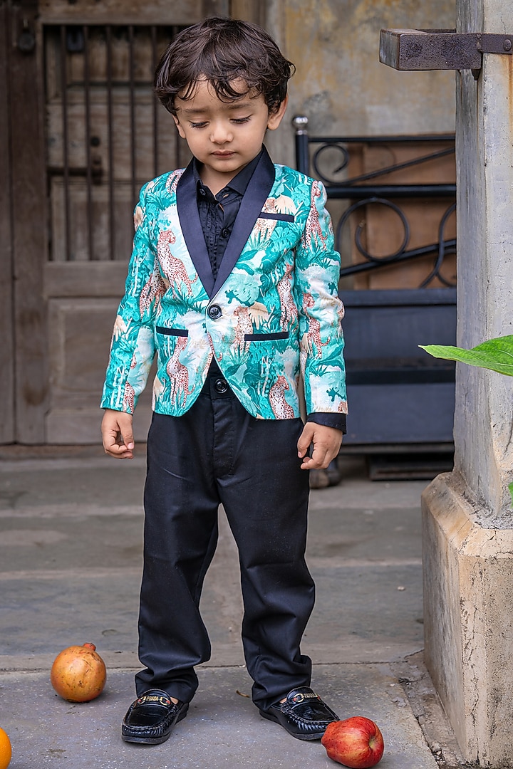 Multi-Colored Linen Printed Blazer Set For Boys by FUNNY BONES CLOTHINGS at Pernia's Pop Up Shop