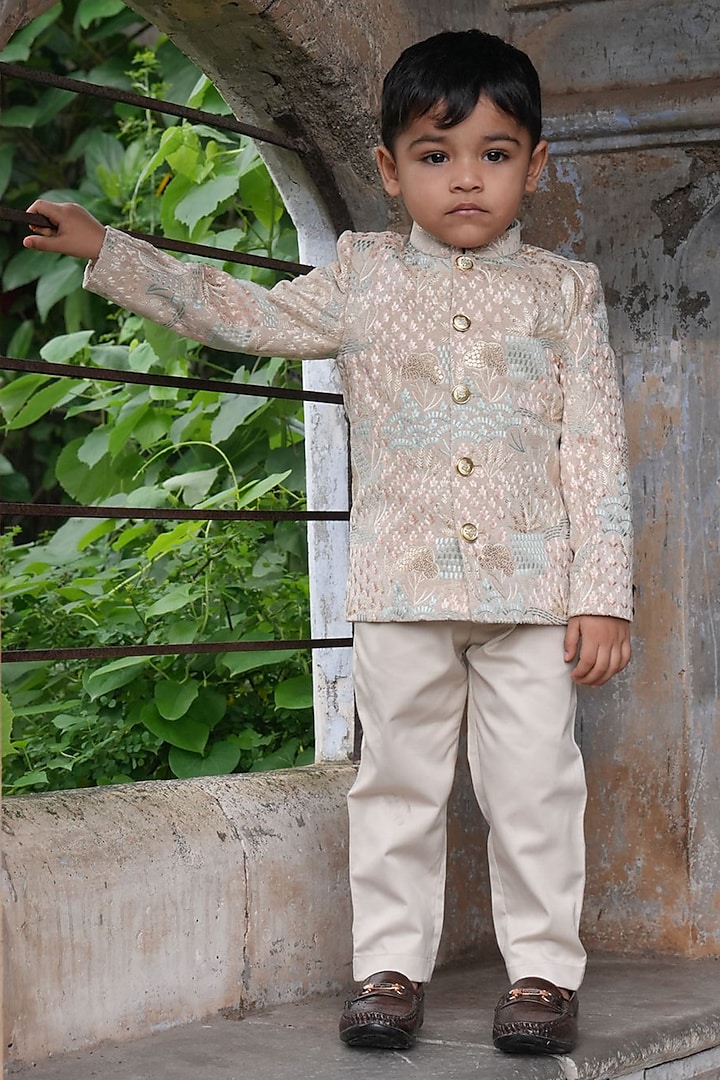 Cream Velvet Embroidered Jodhpuri Set For Boys by FUNNY BONES CLOTHINGS at Pernia's Pop Up Shop