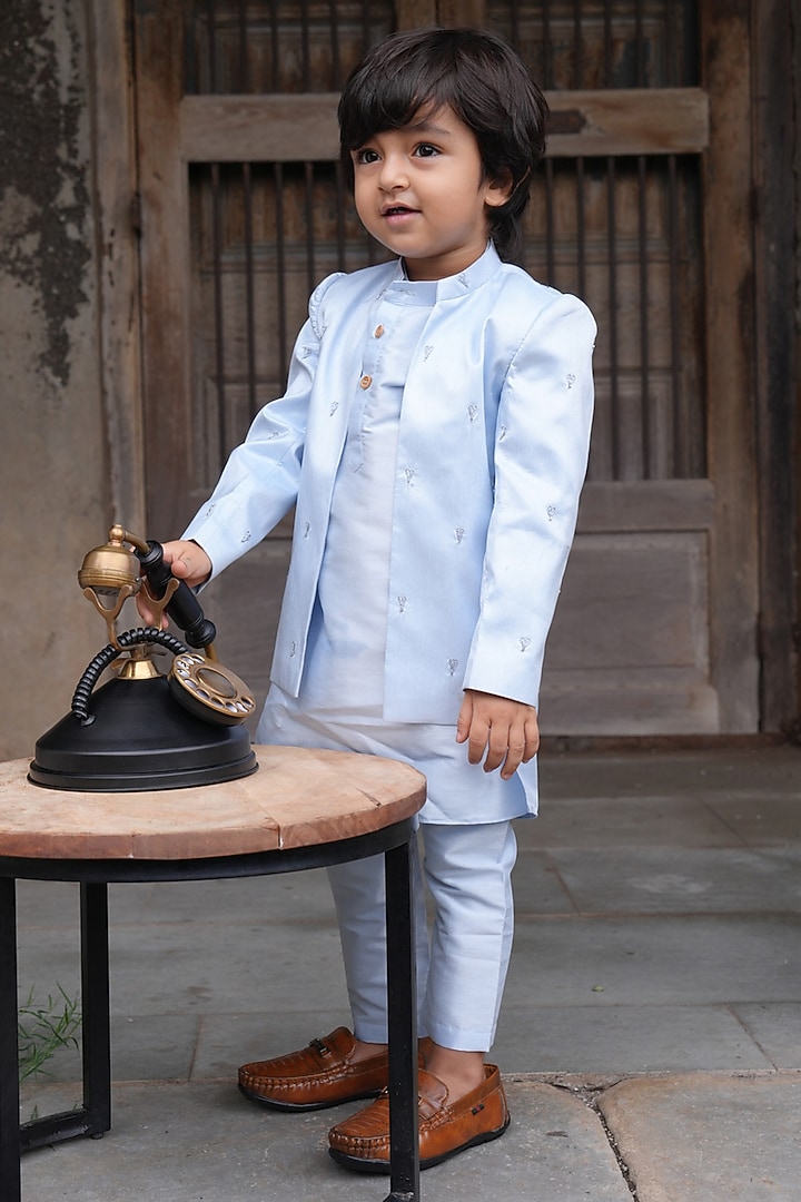 Sky Blue Silk Embroidered Jodhpuri Set For Boys by FUNNY BONES CLOTHINGS at Pernia's Pop Up Shop