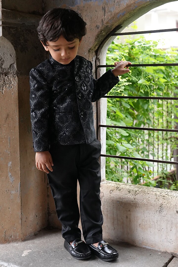 Black Velvet Embroidered Jodhpuri Set For Boys by FUNNY BONES CLOTHINGS at Pernia's Pop Up Shop
