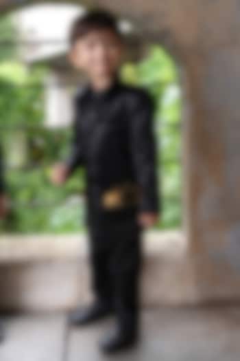 Black Satin Embroidered Jodhpuri Set by FUNNY BONES CLOTHINGS at Pernia's Pop Up Shop