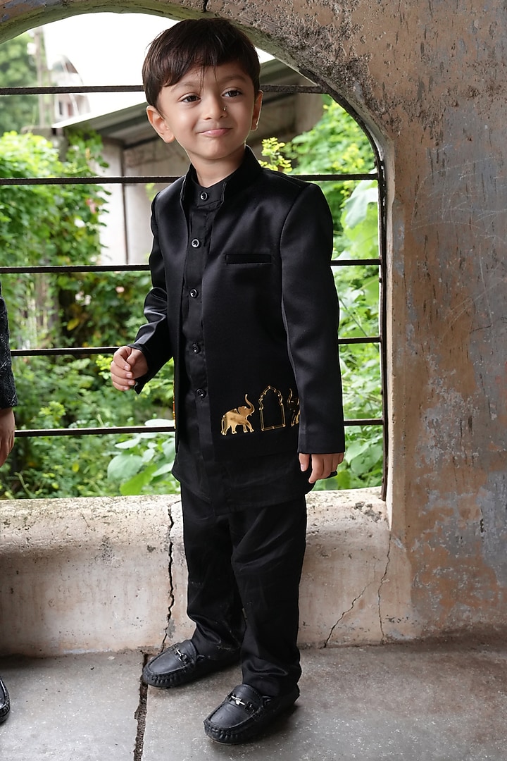 Black Satin Embroidered Jodhpuri Set by FUNNY BONES CLOTHINGS at Pernia's Pop Up Shop