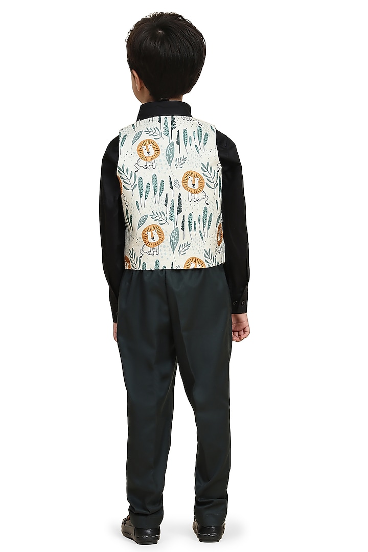 Off-White Linen Printed Waistcoat Set For Boys by FUNNY BONES CLOTHINGS at Pernia's Pop Up Shop