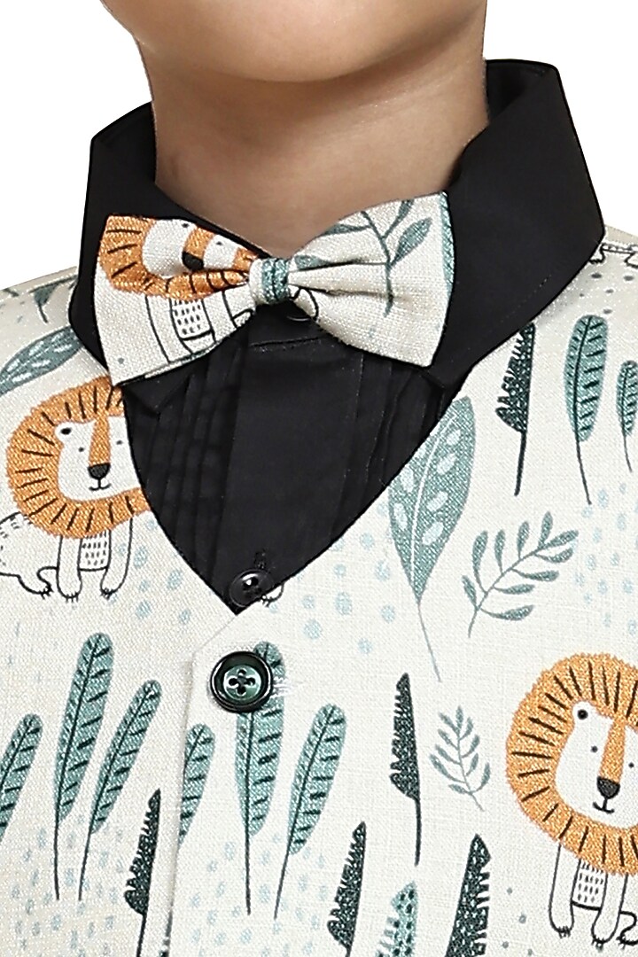 Off-White Linen Printed Waistcoat Set For Boys by FUNNY BONES CLOTHINGS at Pernia's Pop Up Shop