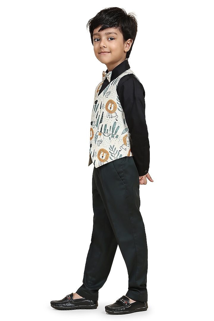 Off-White Linen Printed Waistcoat Set For Boys by FUNNY BONES CLOTHINGS at Pernia's Pop Up Shop