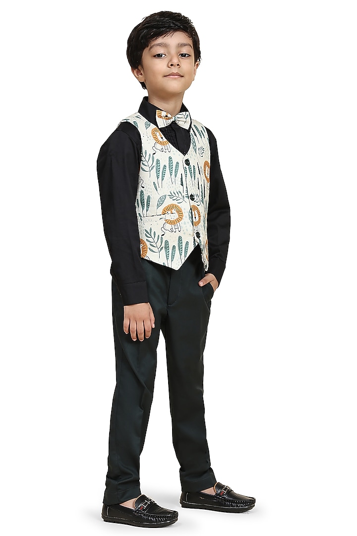 Off-White Linen Printed Waistcoat Set For Boys by FUNNY BONES CLOTHINGS at Pernia's Pop Up Shop