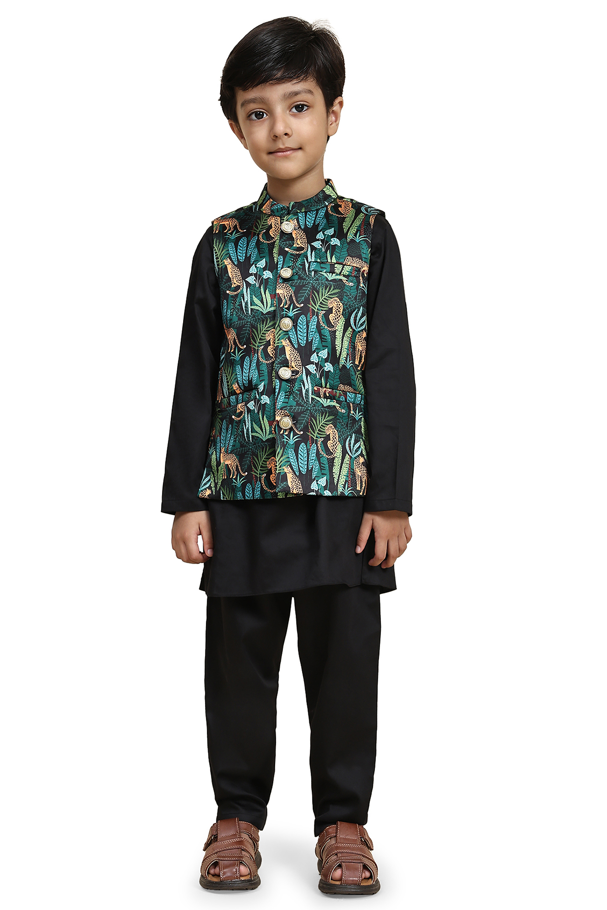Green Satin Printed Nehru Jacket Set by FUNNY BONES CLOTHINGS at Pernia's Pop Up Shop