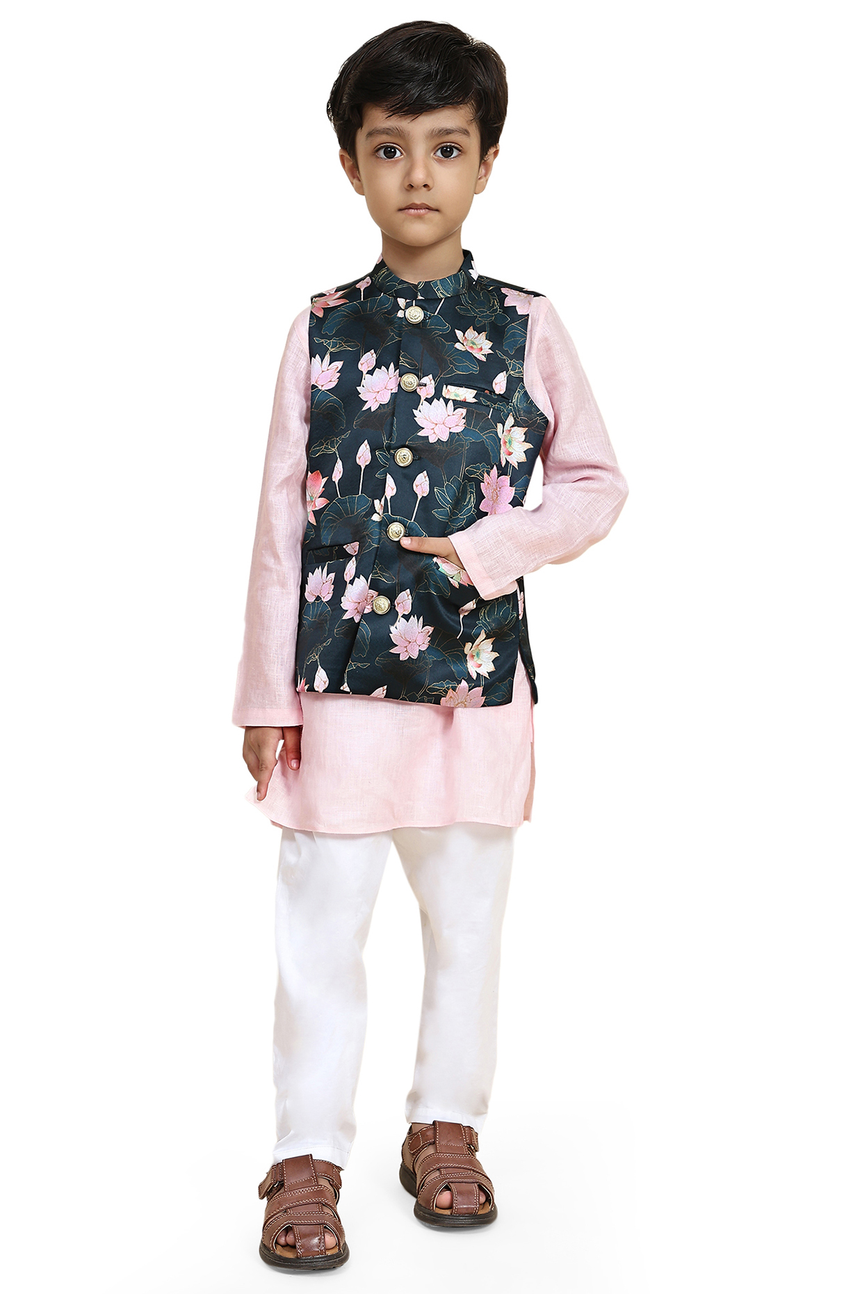 Multi-Colored Satin Printed Nehru Jacket Set by FUNNY BONES CLOTHINGS at Pernia's Pop Up Shop