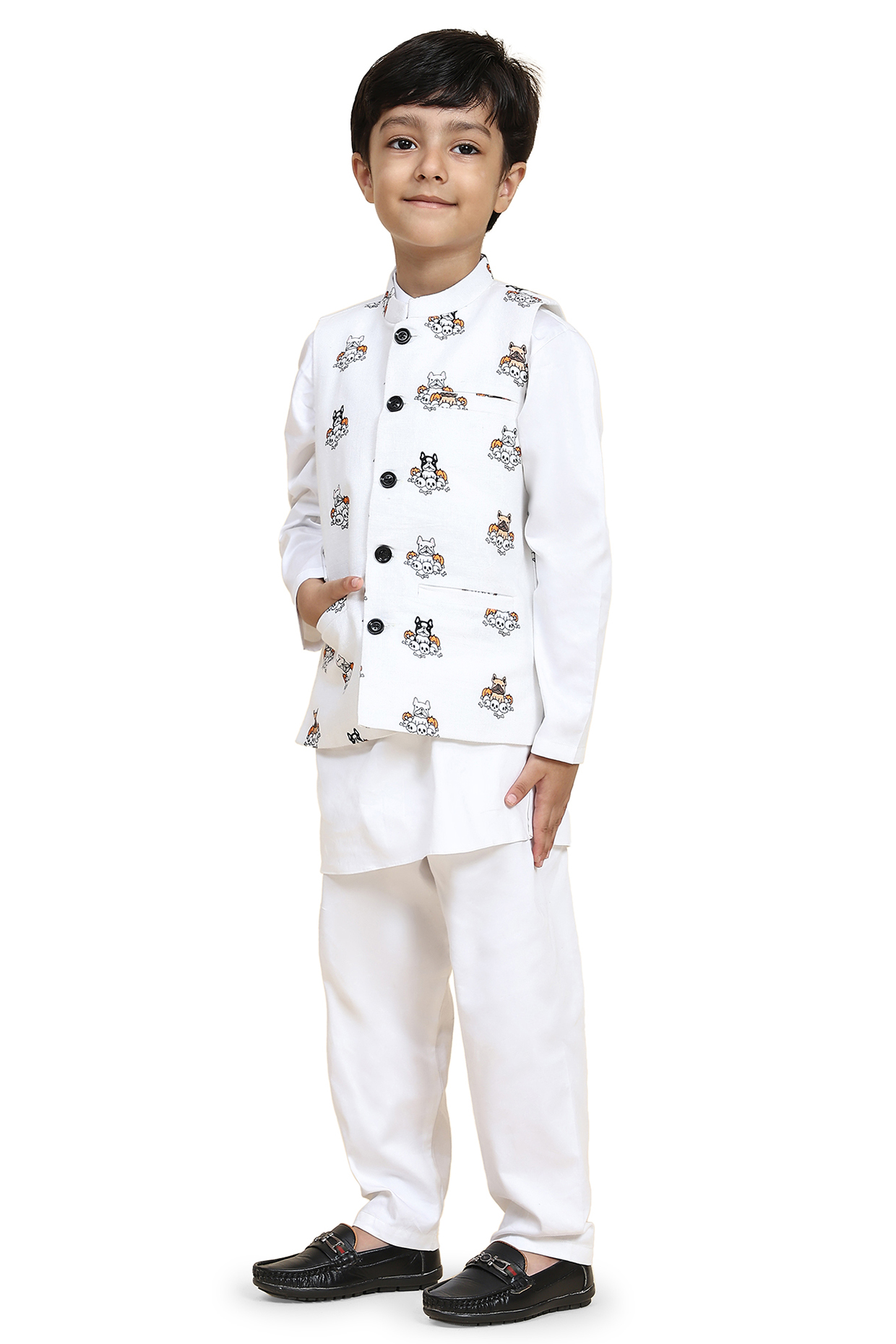 White Linen Printed Nehru Jacket Set For Boys by FUNNY BONES CLOTHINGS at Pernia's Pop Up Shop