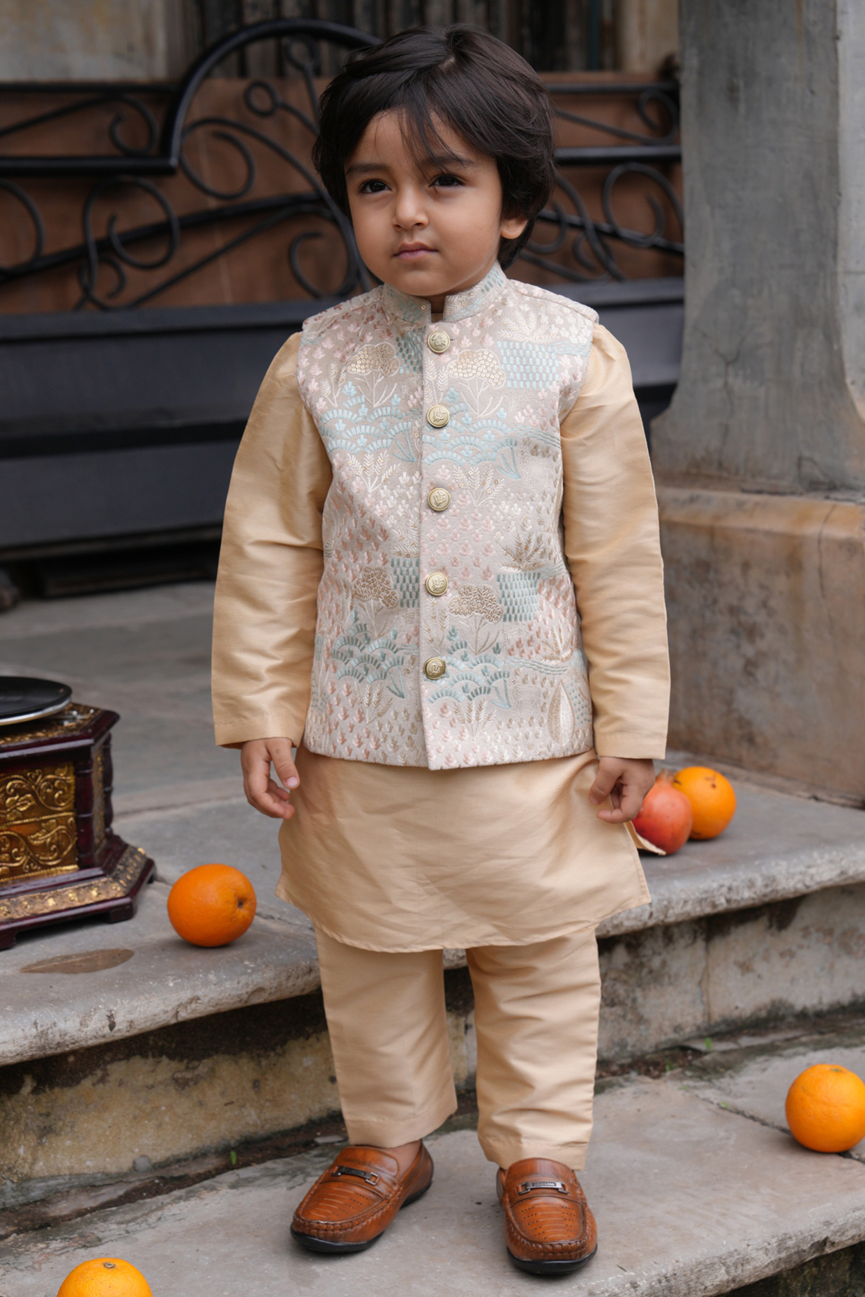 Cream Silk Embroidered nehru Jacket Set For Boys by FUNNY BONES CLOTHINGS at Pernia's Pop Up Shop